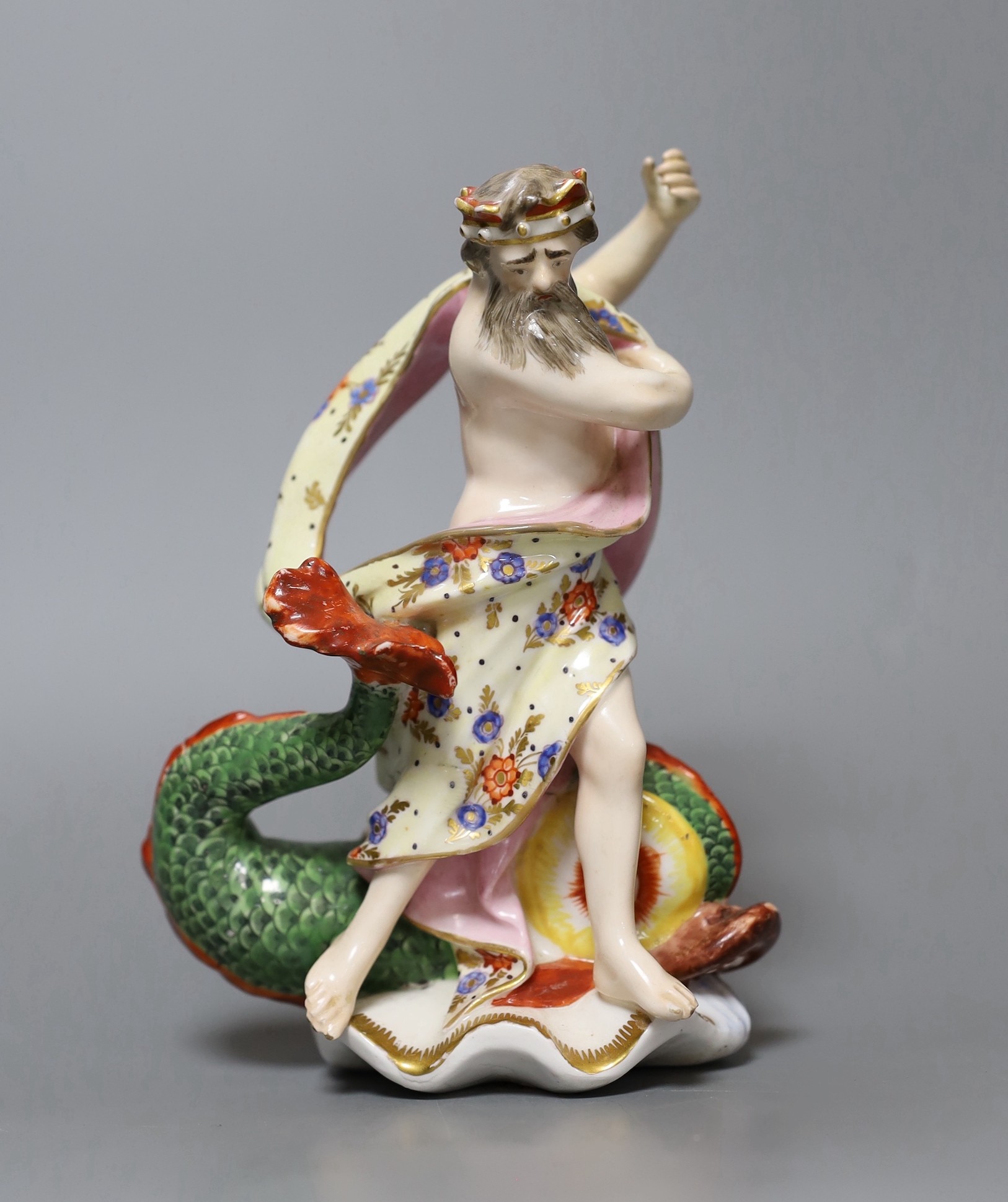 A Derby figure of Neptune and a dolphin, 17cm tall